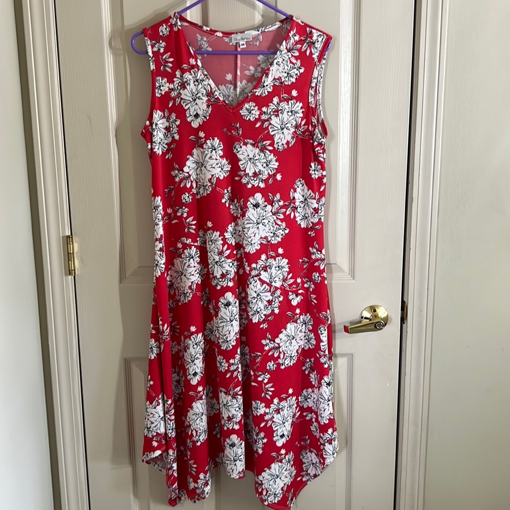 Olivia Matthews sleeveless dress red white black floral medium  A-line